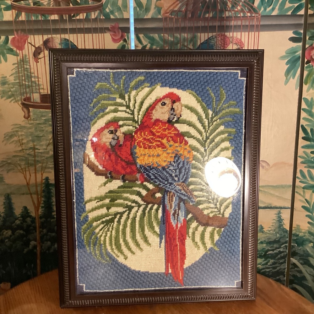1980s crewel needle point of parrots